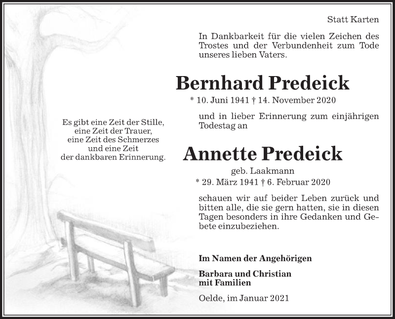 Traueranzeige für Annette Predeick vom 30.01.2021 aus Die Glocke