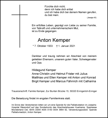 Traueranzeige von Anton Kemper von Die Glocke