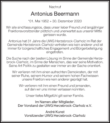 Traueranzeige von Antonius Beermann von Die Glocke