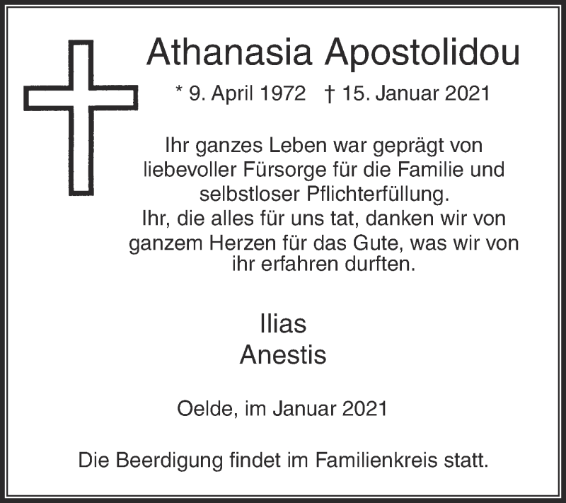  Traueranzeige für Athanasia Apostolidou vom 20.01.2021 aus Die Glocke
