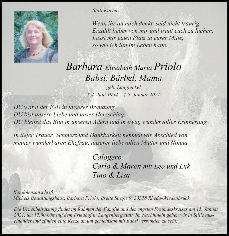  Traueranzeige für Barbara Elisabeth Maria Priolo vom 12.01.2021 aus Die Glocke