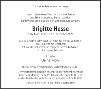 Traueranzeige von Brigitte Hesse von Die Glocke