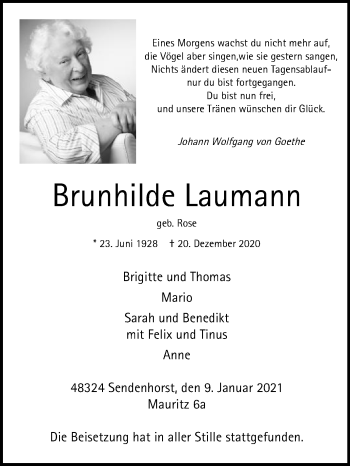 Traueranzeige von Brunhilde Laumann von Die Glocke