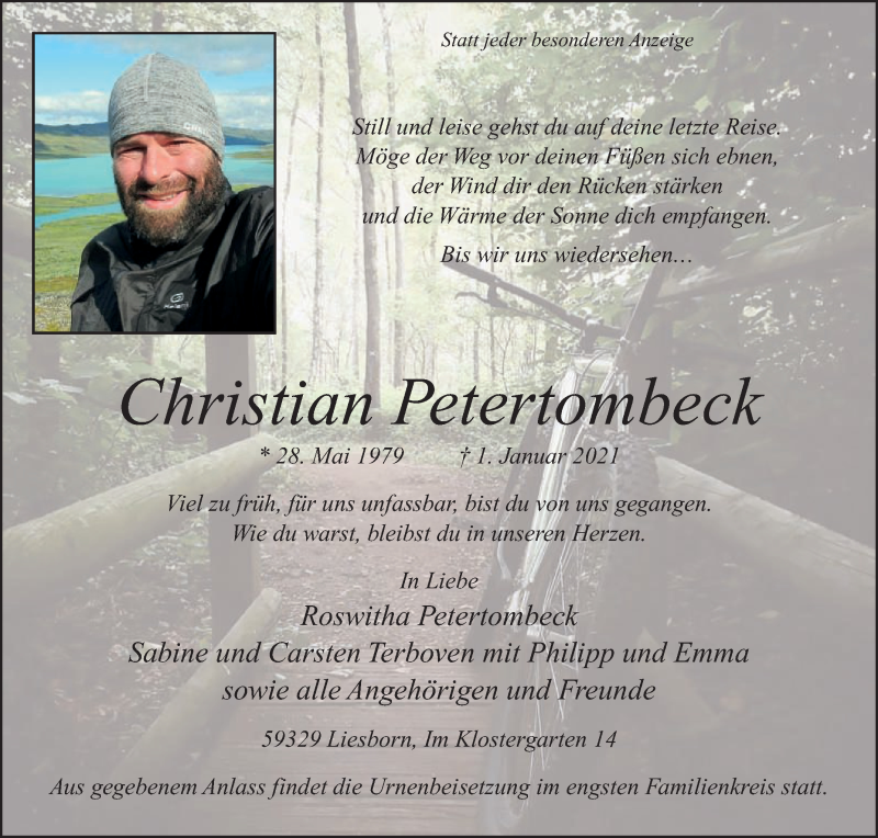  Traueranzeige für Christian Petertombeck vom 09.01.2021 aus Die Glocke
