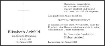 Traueranzeige von Elisabeth Ackfeld von Die Glocke