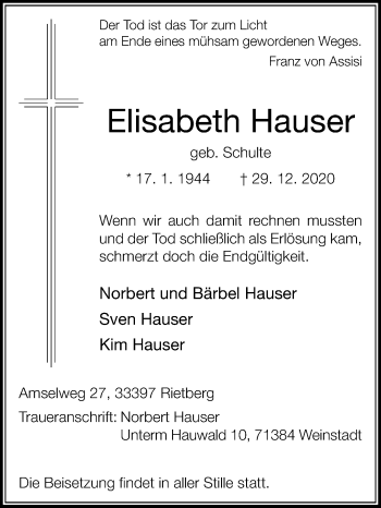 Traueranzeige von Elisabeth Hauser von Die Glocke