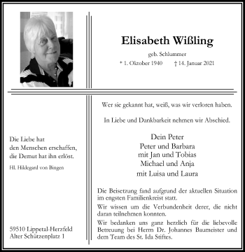 Traueranzeige von Elisabeth Wißling von Die Glocke