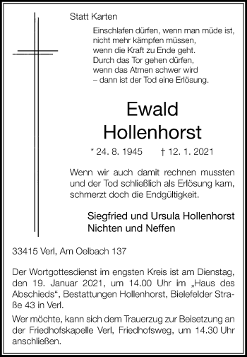 Traueranzeige von Ewald Hollenhorst von Die Glocke