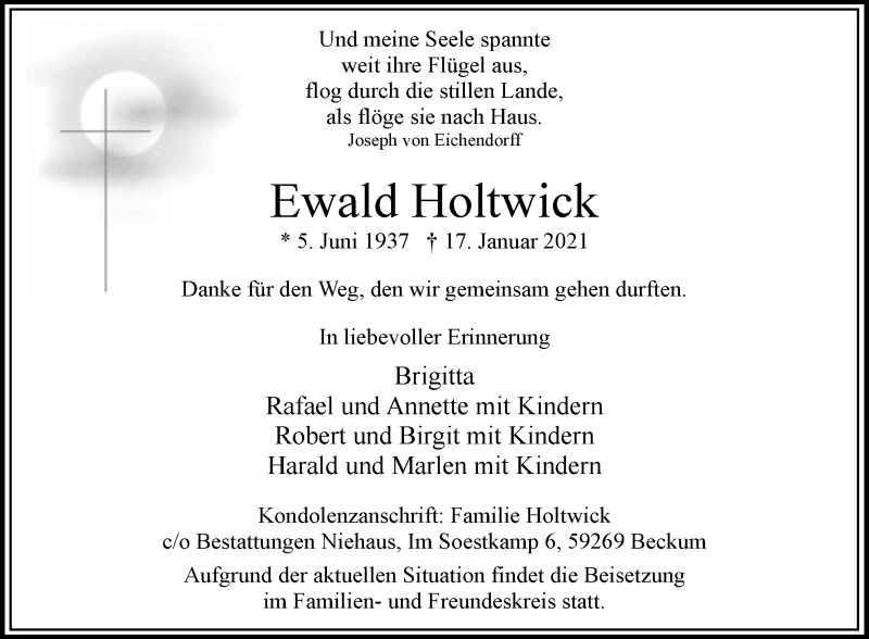  Traueranzeige für Ewald Holtwick vom 20.01.2021 aus Die Glocke