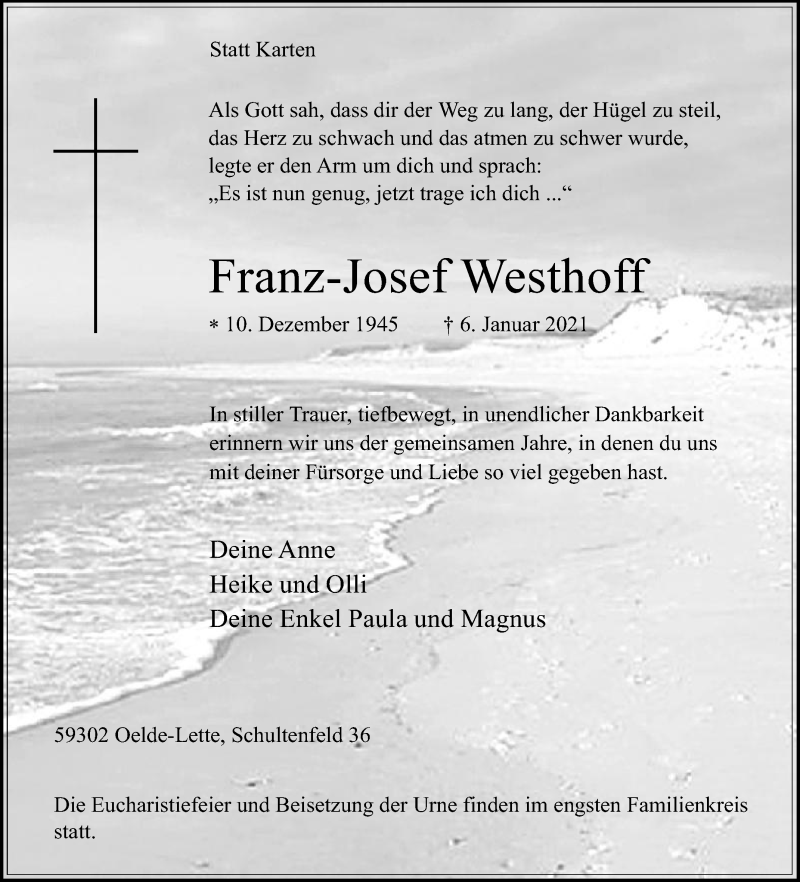  Traueranzeige für Franz-Josef Westhoff vom 09.01.2021 aus Die Glocke