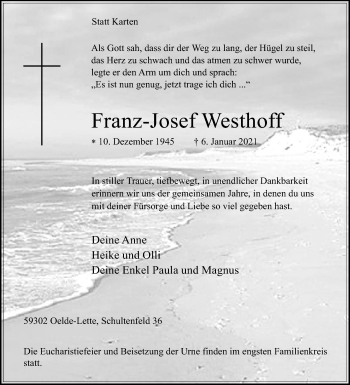 Traueranzeige von Franz-Josef Westhoff von Die Glocke