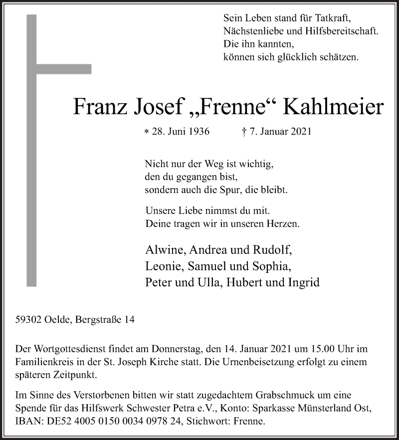  Traueranzeige für Franz Josef Kahlmeier vom 11.01.2021 aus Die Glocke
