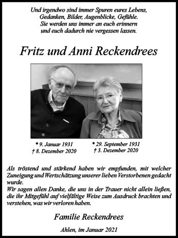 Traueranzeige von Fritz Reckendrees von Die Glocke