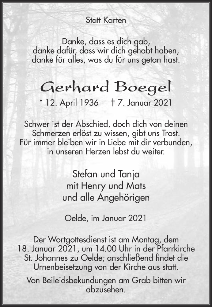  Traueranzeige für Gerhard Boegel vom 13.01.2021 aus Die Glocke