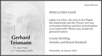 Traueranzeige von Gerhard Teismann von Die Glocke