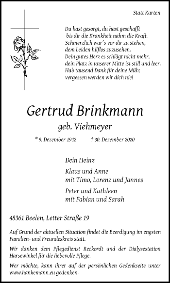 Traueranzeige von Gertrud Brinkmann von Die Glocke