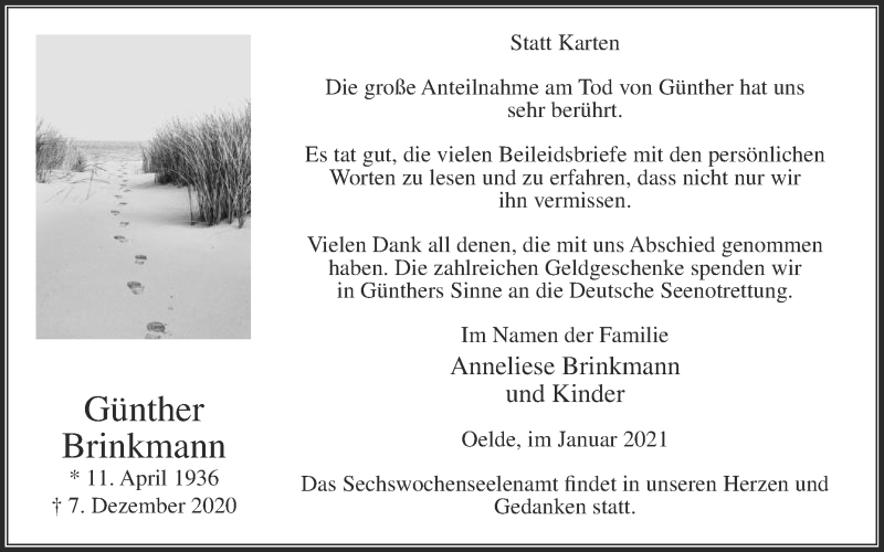  Traueranzeige für Günther Brinkmann vom 23.01.2021 aus Die Glocke