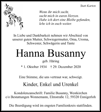 Traueranzeige von Hanna Busanny von Die Glocke