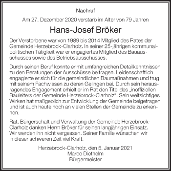 Traueranzeige von Hans-Josef Bröker von Die Glocke