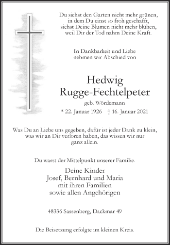 Traueranzeige von Hedwig Rugge-Fechtelpeter von Die Glocke