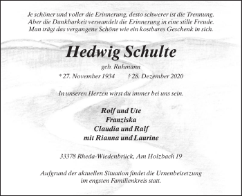 Traueranzeige von Hedwig Schulte von Die Glocke