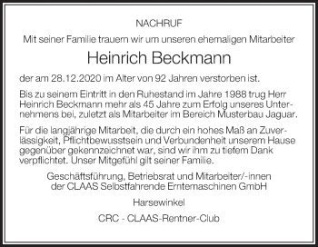 Traueranzeige von Heinrich Beckmann von Die Glocke