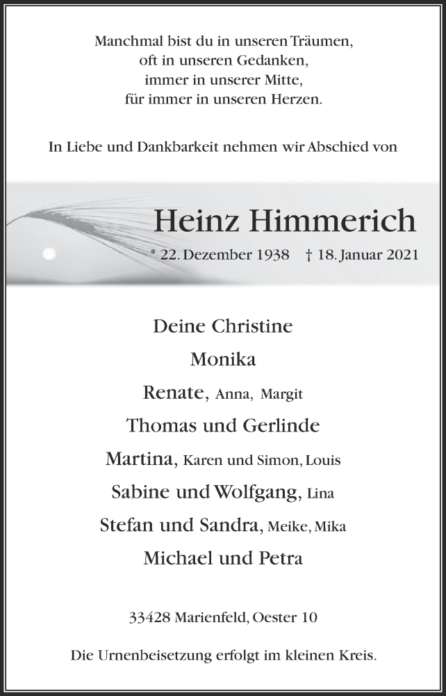  Traueranzeige für Heinz Himmerich vom 23.01.2021 aus Die Glocke