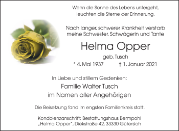 Traueranzeige von Helma Opper von Die Glocke