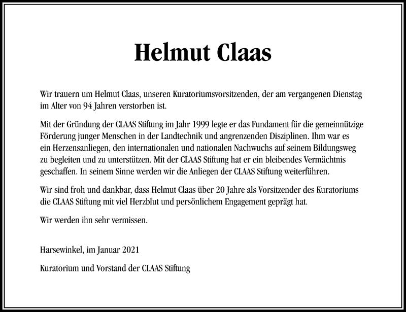  Traueranzeige für Helmut Claas vom 09.01.2021 aus Die Glocke