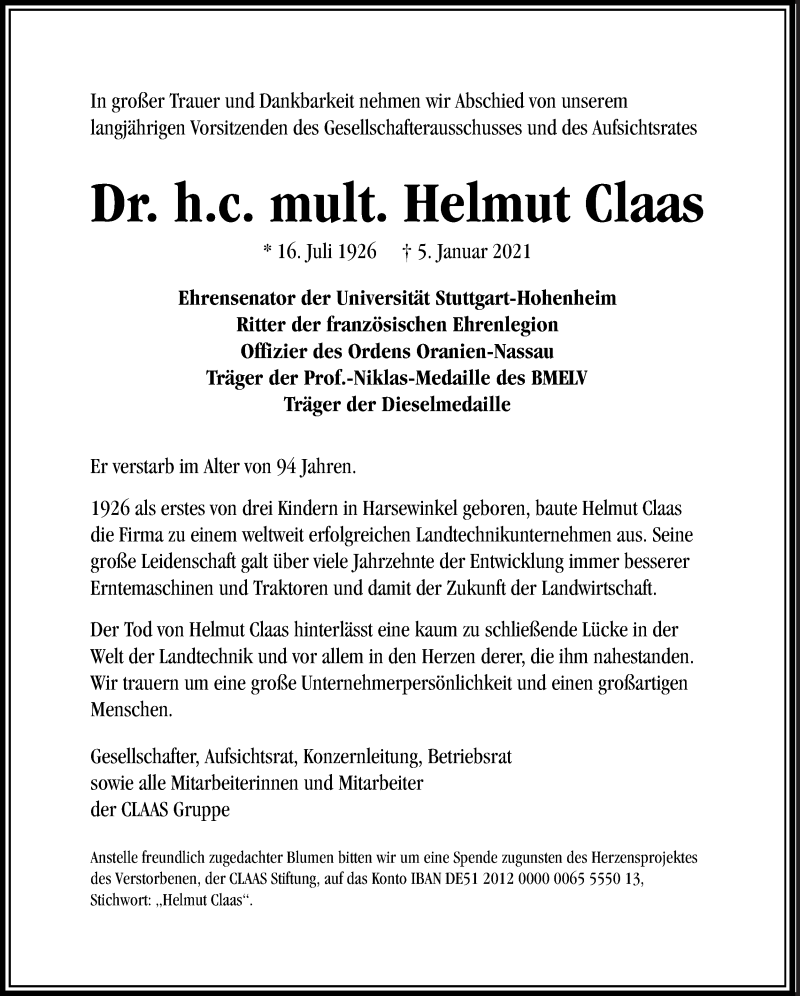  Traueranzeige für Helmut Claas vom 09.01.2021 aus Die Glocke