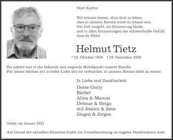 Traueranzeige von Helmut Tietz von Die Glocke