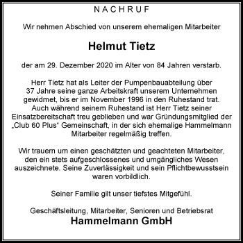 Traueranzeige von Helmut Tietz von Die Glocke