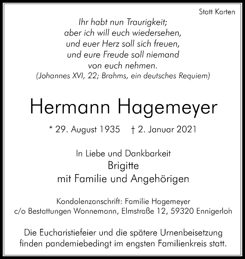  Traueranzeige für Hermann Hagemeyer vom 05.01.2021 aus Die Glocke