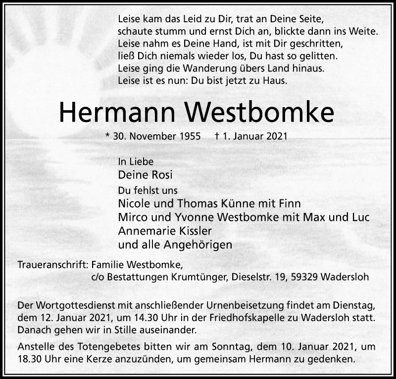  Traueranzeige für Hermann Westbomke vom 06.01.2021 aus Die Glocke