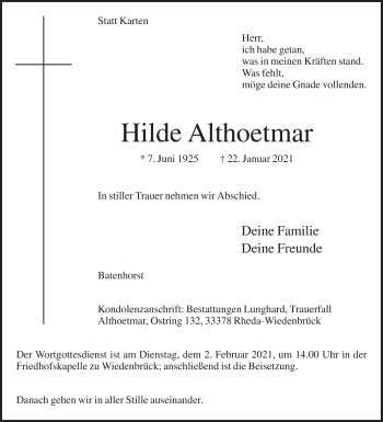 Traueranzeige von Hilde Althoetmar von Die Glocke