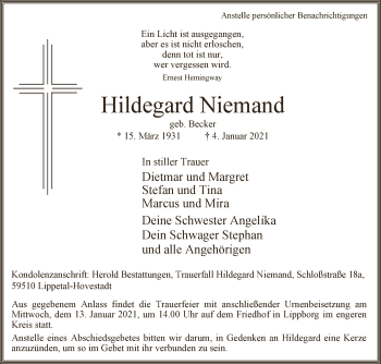 Traueranzeige von Hildegard Niemand von Die Glocke