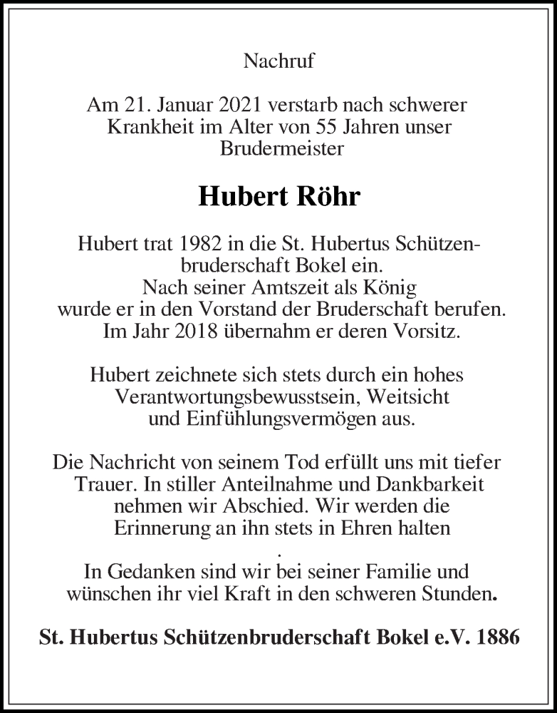  Traueranzeige für Hubert Röhr vom 23.01.2021 aus Die Glocke