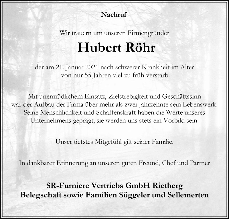  Traueranzeige für Hubert Röhr vom 23.01.2021 aus Die Glocke