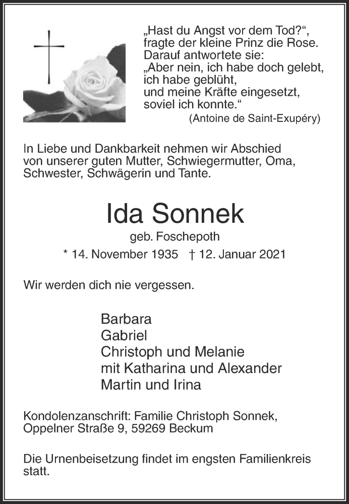  Traueranzeige für Ida Sonnek vom 20.01.2021 aus Die Glocke