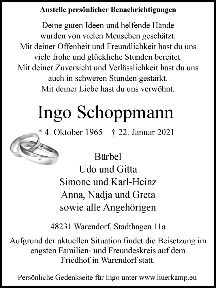  Traueranzeige für Ingo Schoppmann vom 27.01.2021 aus Die Glocke