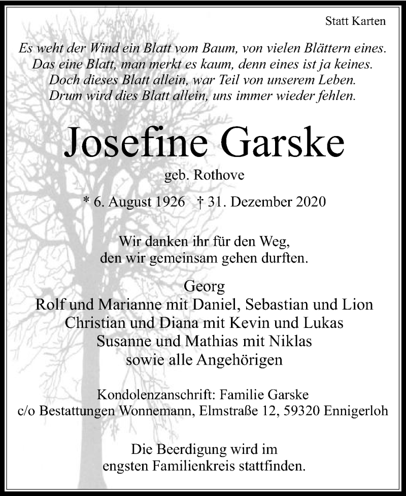  Traueranzeige für Josefine Garske vom 04.01.2021 aus Die Glocke