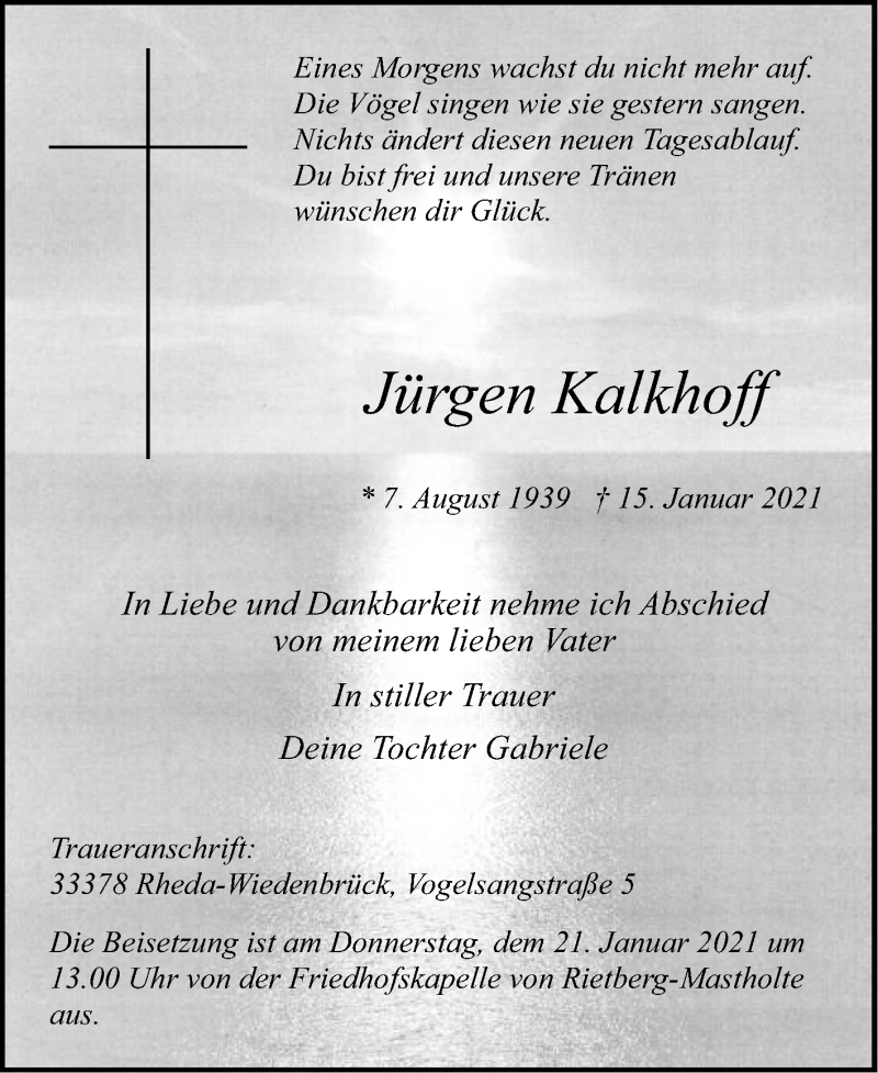  Traueranzeige für Jürgen Kalkhoff vom 19.01.2021 aus Die Glocke