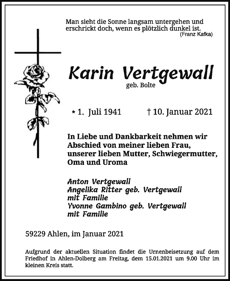  Traueranzeige für Karin Vertgewall vom 13.01.2021 aus Die Glocke