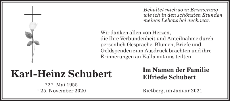  Traueranzeige für Karl-Heinz Schubert vom 09.01.2021 aus Die Glocke