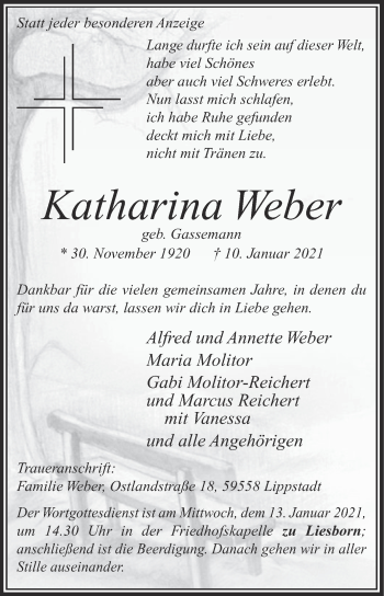 Traueranzeige von Kathanna Weber von Die Glocke