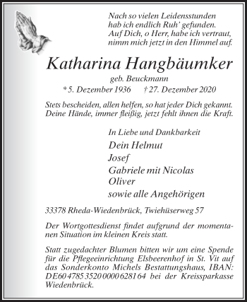 Traueranzeige von Katharina Hangbäumker von Die Glocke