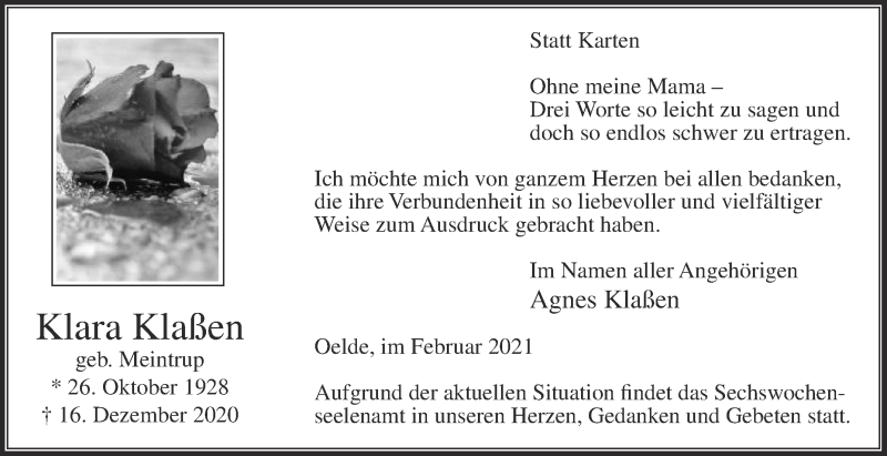  Traueranzeige für Klara Klaßen vom 30.01.2021 aus Die Glocke