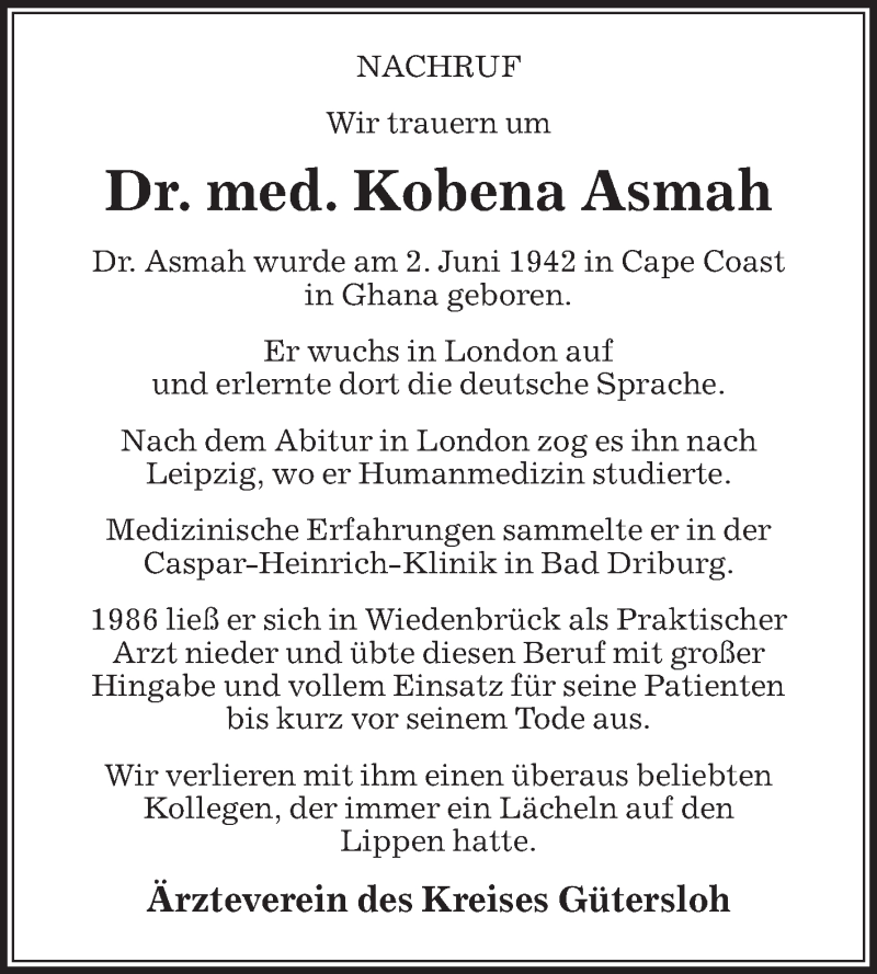  Traueranzeige für Kobena Asmah vom 05.01.2021 aus Die Glocke