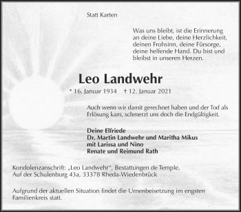 Traueranzeige von Leo Landwehr von Die Glocke