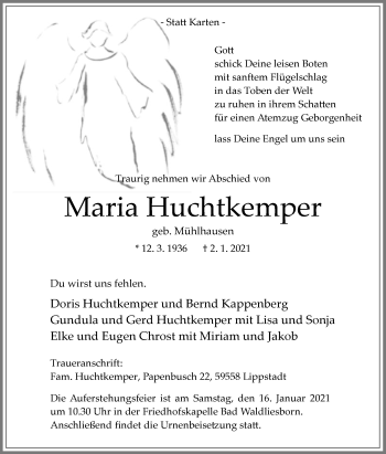 Traueranzeige von Maria Huchtkemper von Die Glocke